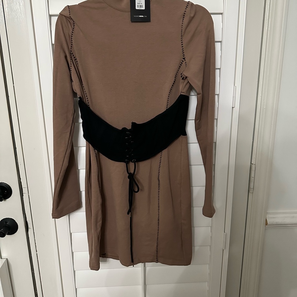 Elegant Tan Dress with Black Accents